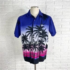 Windswept Bahamas Palm Tree Tropical Button Down Shirt Purple Blue Sunset Size L